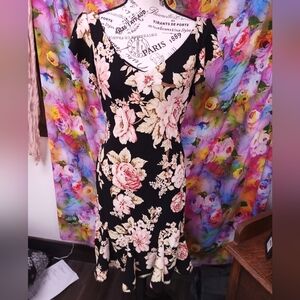 S.L. Fashions Black and Pink Floral Midi Dress